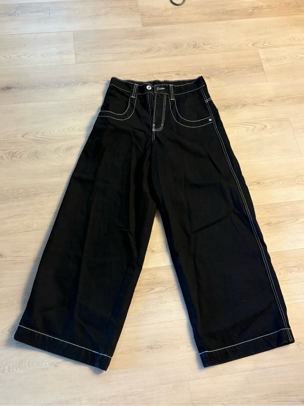 JNCO Black Wide Leg Jeans with Contrast White Stitching